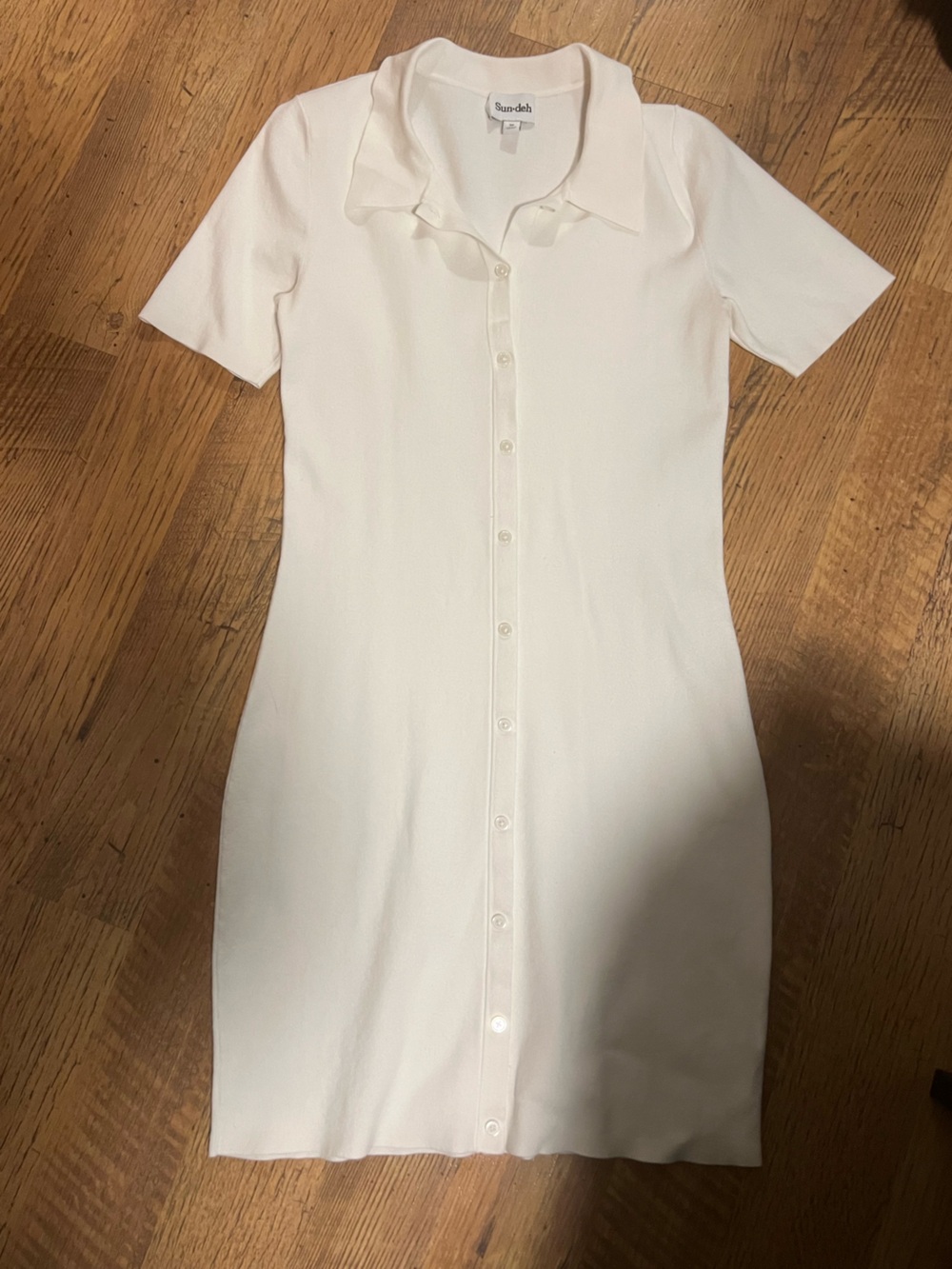 Aritzia Cream Short-Sleeve Button-Front Knit Dress